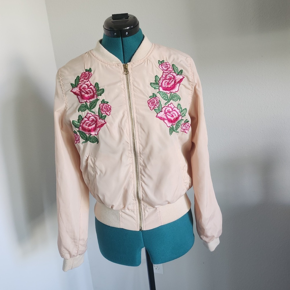 Love Tree Bomber Jacket Womens Medium Beige Embroidered Roses Zip Up